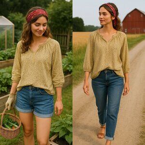 Max Studio Yellow Floral Peasant Blouse Small Boho Cottagecore Lightweight